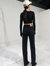 高腰ストレートデニムパンツ【ブラック・ロングレッグ・スリムフィット・春秋用】