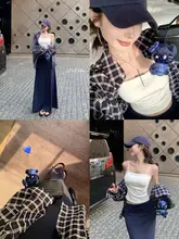 トレンドチェック柄のコーディネートシャツ【フロントボタン・タンクトップ・ハイウエストスカート】（セットアップ対応）