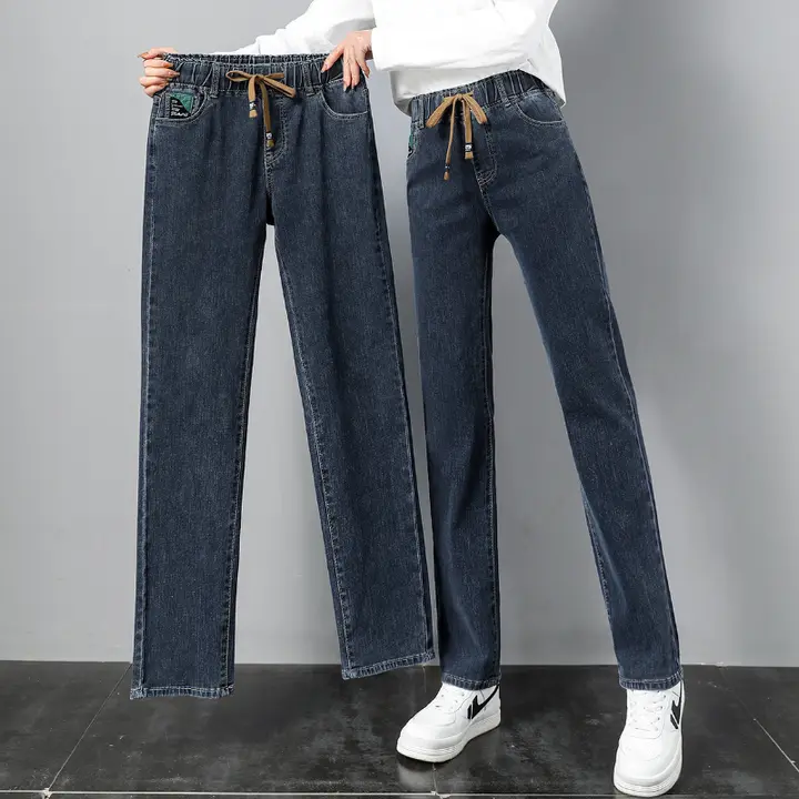 ハイウエスト ストレートデニムパンツ【ウエストゴム・ゆったりデザイン・スリム効果】（セットアップ対応）
