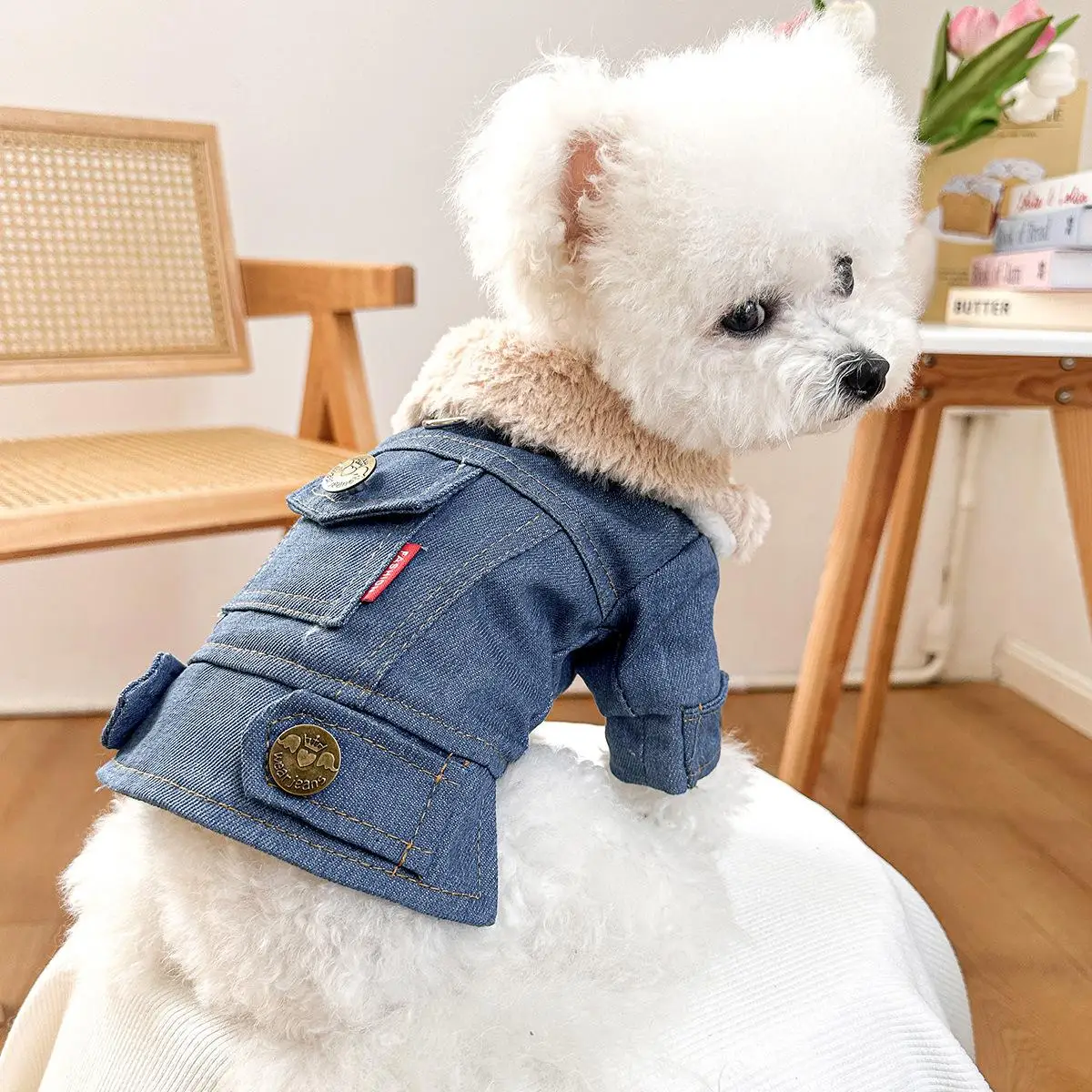 レトロデニム秋冬用小型犬用保温ジャケット：PETCIRCLEブランドの厚手フィル設計が実用性を確保