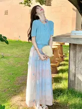 ブルーとピンクのグラデーション チュニック付きシフォンスカート【夏のカジュアルコーデ・半袖】（セットアップ対応）