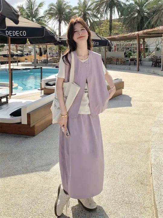 粉色のリゾート風ベストと花びらスカート【春夏用・カジュアル・体型カバー】（セットアップ対応）