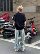 スタイリッシュなハイウエストダメージデニムパンツ【ワイドレッグ・スリム効果・女性用】