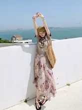 高腰不規則波模様プリントスカート【夏用・ゆったり・油絵風】（セットアップ対応）