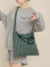 トートバッグ レディース キャンバス グリーンチェック柄 ヴィンテージ 2WAY 手提げ 斜め掛け ショッピングバッグ
