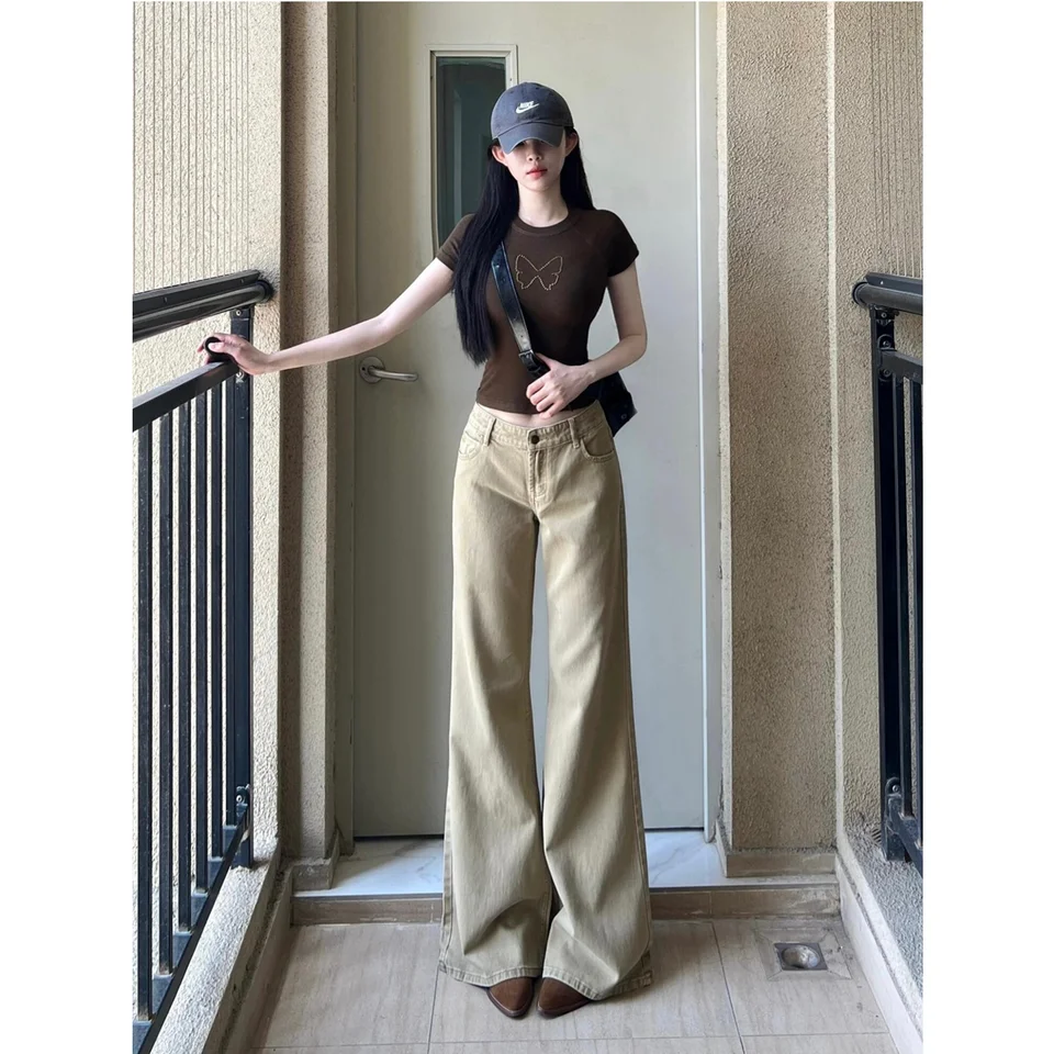 カーキ色微フレアデザインのロングデニムパンツ【レディース・低ウエスト・スリムフィット・ストレ ートレッグ】