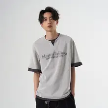 男士Vネック重ね着風Tシャツ【ラフなルーズフィット・短袖】（セットアップ対応）