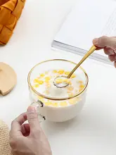ゴールドリム付きガラス製朝食カップ【大容量・蓋付き・スプーン付き・電子レンジ対応】