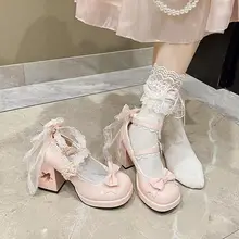 大きいサイズのリボン付きロリィタ風桜柄シューズ