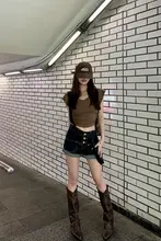 ガブリエルスタイルのレトロブルー中腰ワイドデニムサロペットパンツ