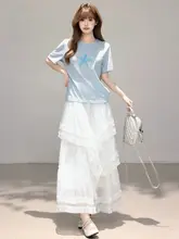 白色メッシュフラワーレースハイウエストAラインシフォンスカート【フレア・ロング丈】