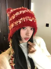 猫耳デザインのストライプニット帽【赤・秋冬用・保温・耳覆いタイプ】