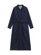 深い青の長袖デニムシャツワンピース【ウエストマーク・秋用】