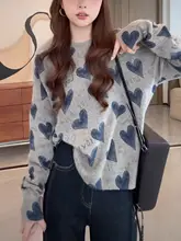 ハートプリントのラウンドネック長袖ニットセーター【カジュアルでしたスタイル】