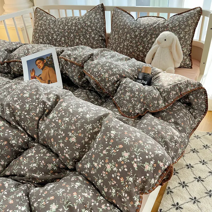 フレンチスタイルのレトロ小花柄 コットン二重ガーゼ四点セット【シンプルデザイン・掛け布団カバー・シーツ・ボックスシーツ】（セットアップ対応）