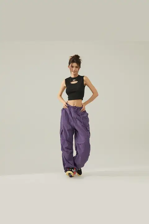 アメリカンストリートスタイルの女性用カーゴパンツ【パープル・ジャズダンス・サバイバルパンツ】（セットアップ対応）