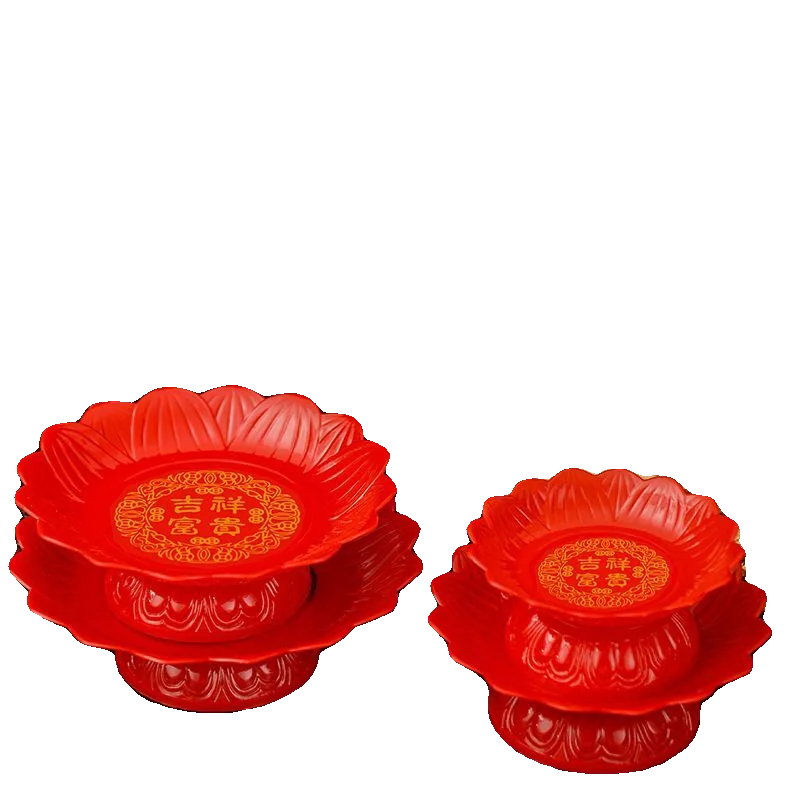 赤色プラスチック製 高脚蓮花型果物皿【中華風・装飾用】