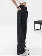 高腰デザインのワイドレッグデニムパンツ【レディース・ブラック・ルーズフィット・大きいサイズ】