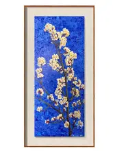 手描きの杏花オイルペインティング【新中式・クラインブルー・玄関用掛け画】