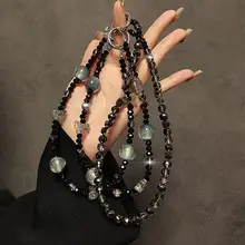 ロングショルダーチェーン ブラッククリスタル ビーズ ハンドメイド スマホケース バッグ 兼用 ストラップ レディース おしゃれ 上品 ゴージャス