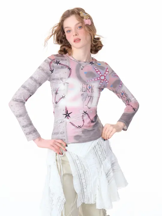 春夏用アメリカンビンテージデザイン！ピンク星柄プリントフィット長袖Tシャツ【女性用】
