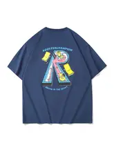 個性的なプリントデザインの半袖Tシャツ【レディース＆メンズ・深い青・ラウンドネック】