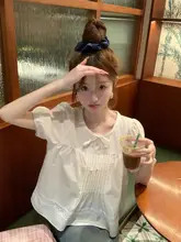ピンク系ラベンダーカラーのレース切替バルーンスリーブブラウス【夏用・柔らか短袖・ドールシャツ】