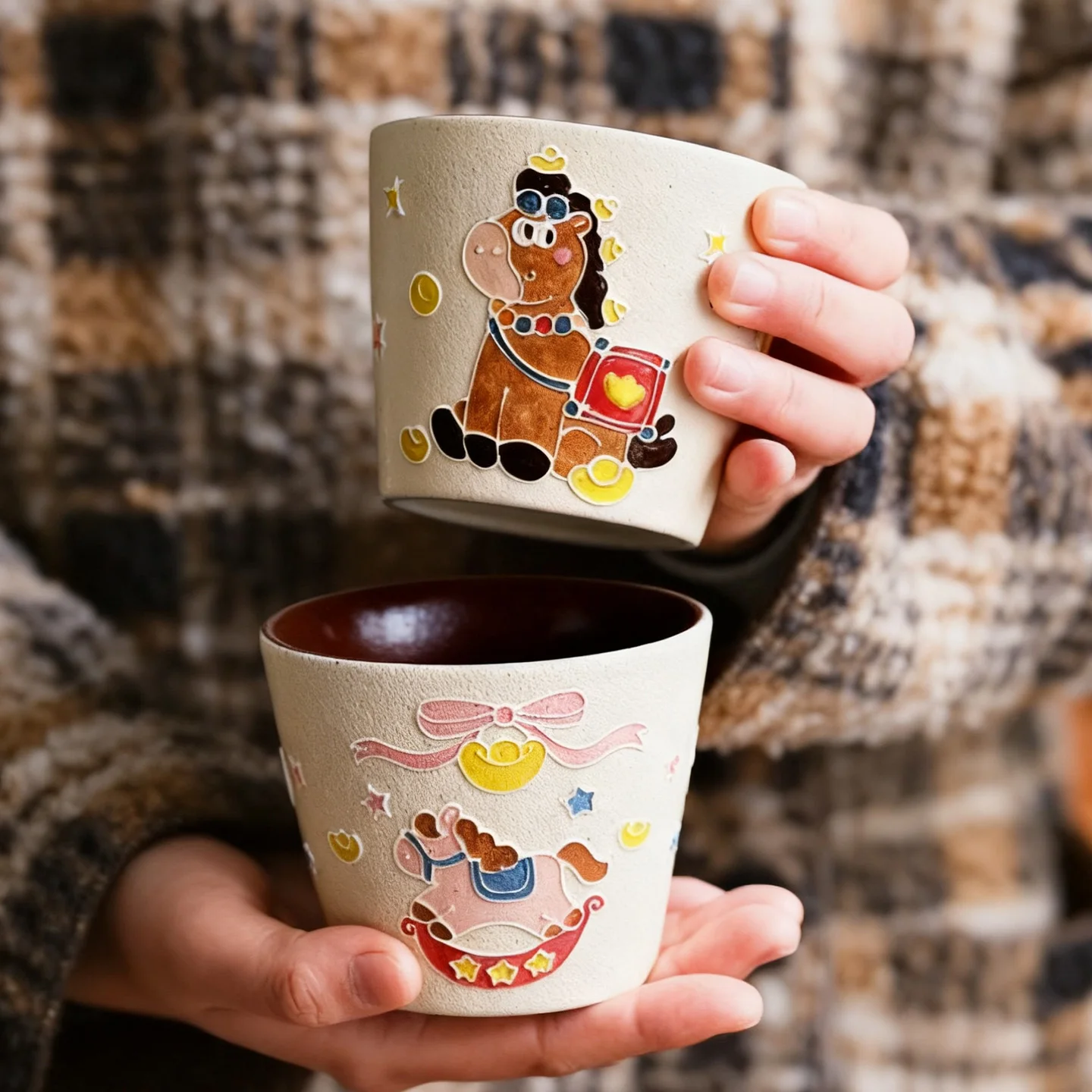 ハンドペイントのセラミックコーヒーカップ【馬のデザイン・高級感のある新年ギフト】