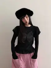 フリル付きメッシュデザインの長袖Tシャツ【リボンプリント・春用】（セットアップ対応）