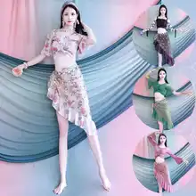 春夏用ベリーダンス衣装【ピンク系・花柄・子供用・装飾ビーズ・多色展開】（セットアップ対応）