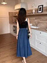 レトロデザイン深い青色のハイウエストデニムAラインスカート【膝下丈・フレアシルエット】