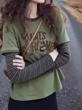デザイン性のあるバイカラー縞模様のフェイク二重長袖Tシャツ【大きいサイズ・コットン・ゆったりシルエット】（セットアップ対応）