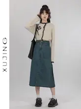 デザイン感のあるハイウエストデニムスカート【春用・スリット入り・ミドル丈・Aライン】