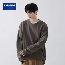 重厚感のあるコットン製白長袖Tシャツ【メンズ・春秋用・プレーンデザイン】