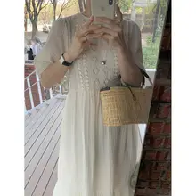 夏用 フレンチスタイル エレガントなラウンドネック レース刺繍デザインのゆったりとしたロングワンピース