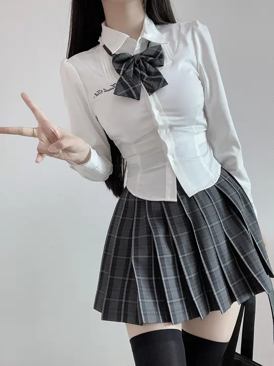 女子学院風JK制服セット【フィット感あるウエスト・長袖シャツ・ショートスカート・秋用】