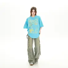 カジュアル印刷のゆったり半袖Tシャツ【女性用・韓国風・五部袖】