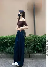 レディース 深いブルーのワイドレッグデニムパンツ【高腰・フィット・シワ加工】