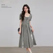 夏用レース切替チェック柄Aラインワンピース【特徴的なウエストデザイン・女性用】