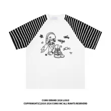 カジュアルなストライプ柄のプリントTシャツ【ミレニアルスタイル・半袖・男女兼用】