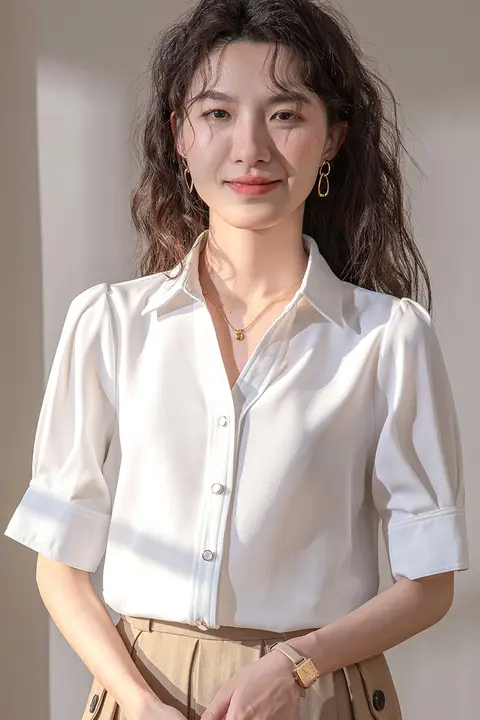 ファッション泡袖 白色ブラウス【ショートスリーブ・通勤・女性用】