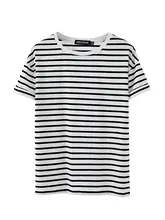 落肩デザインの薄手ラウンドネックTシャツ【ゆったりとしたシルエット・黒白ストライプ・夏用】