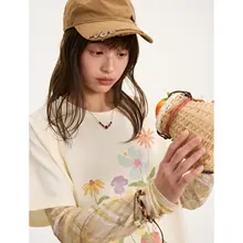 植物モチーフのコットンTシャツ【クラシックラウンドネック・二重層・ドルマンスリーブ・レディース】