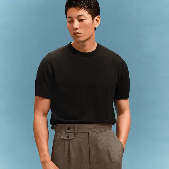 半袖 ニットTシャツ メンズ クルーネック ウール混 ウォッシャブル ブラック インナー カジュアル 通勤「SKARO」