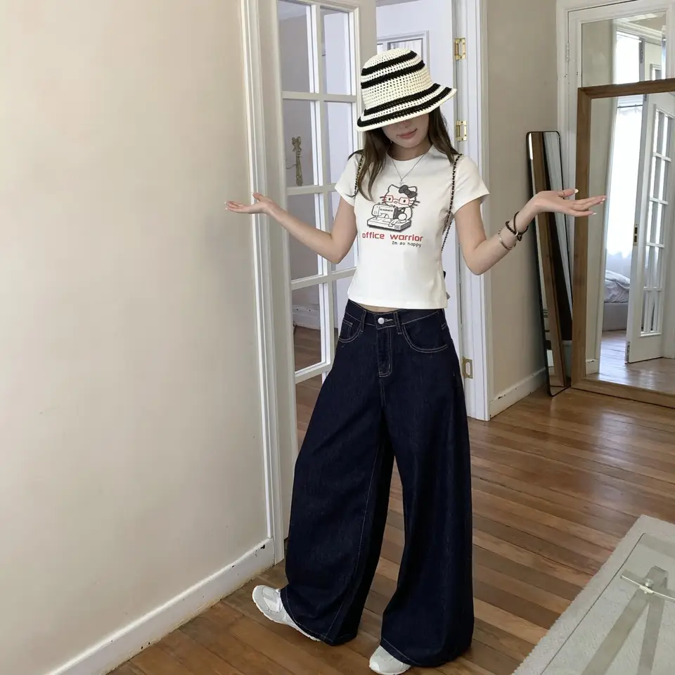 アメリカンレトロデザインのワイドレッグパンツ【デニム・夏用  ・ハイウエスト・ゆったりフィット】（セットアップ対応）