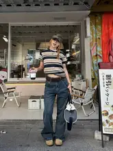 ストライプ柄シンプルなウィメンズ短袖Tシャツ【夏用・ルーズフィット・カジュアル】（セットアップ対応）