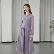 紫色のウエストマークニットワンピース【フリル付き・親肌素材・秋冬用】