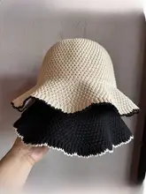 折りたたみ可能な夏用ビーチ用日除け釣り師帽子【女性用・編みライン・波型エッジ・無地】