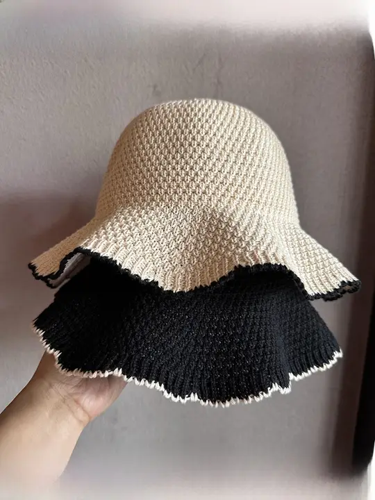 折りたたみ可能な夏用ビーチ用日除け釣り師帽子【女性用・編みライン・波型エッジ・無地】