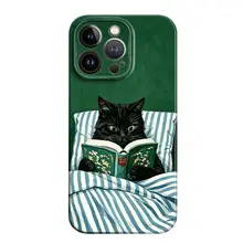 黒猫デザインのレトロな二合一磁吸スマホケース【深緑・文芸風・iPhone対応】
